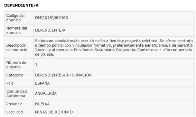 Ofrecen un empleo de dependiente en Riotinto