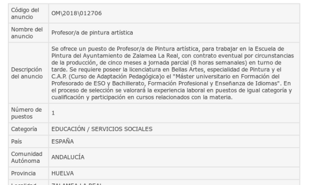 Ofrecen un empleo de profesor de pintura artística en Zalamea
