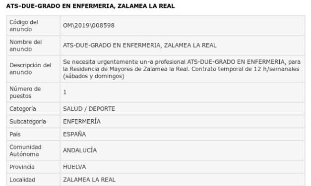 Ofrecen un empleo de enfermero en Zalamea