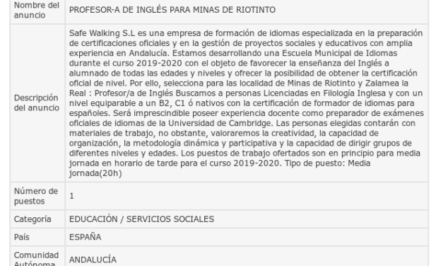 Ofrecen un nuevo empleo en Riotinto y Zalamea