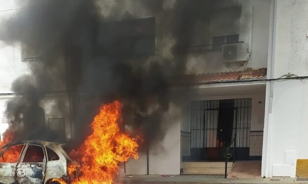 Un peligroso incendio en plena calle obliga a actuar a los bomberos en Almonte