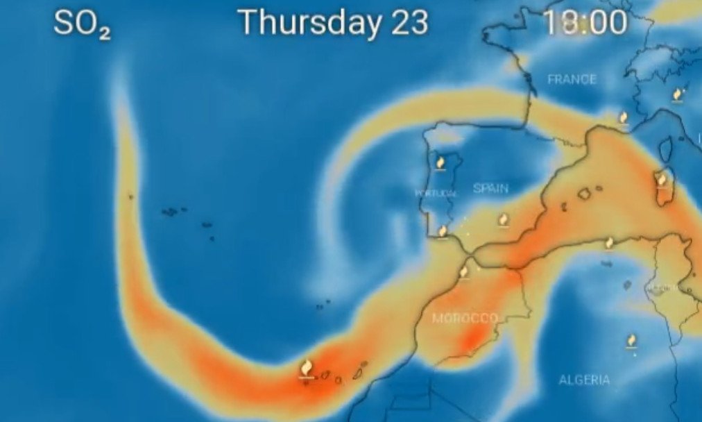 El dióxido de azufre del volcán de La Palma llegará a Huelva el jueves