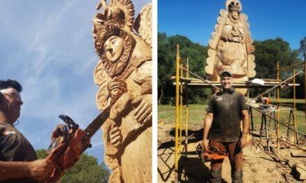 El Pino de los mil duros se transforma en una estatua en madera de la Virgen del Rocío