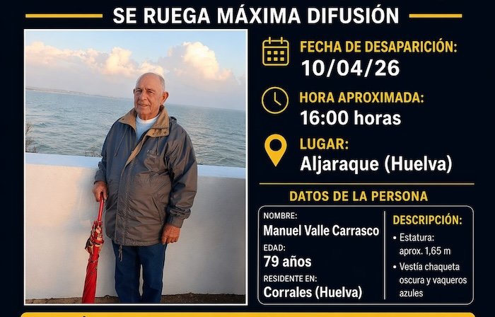 Buscan a un vecino de Corrales de 79 años desaparecido en Aljaraque desde el viernes