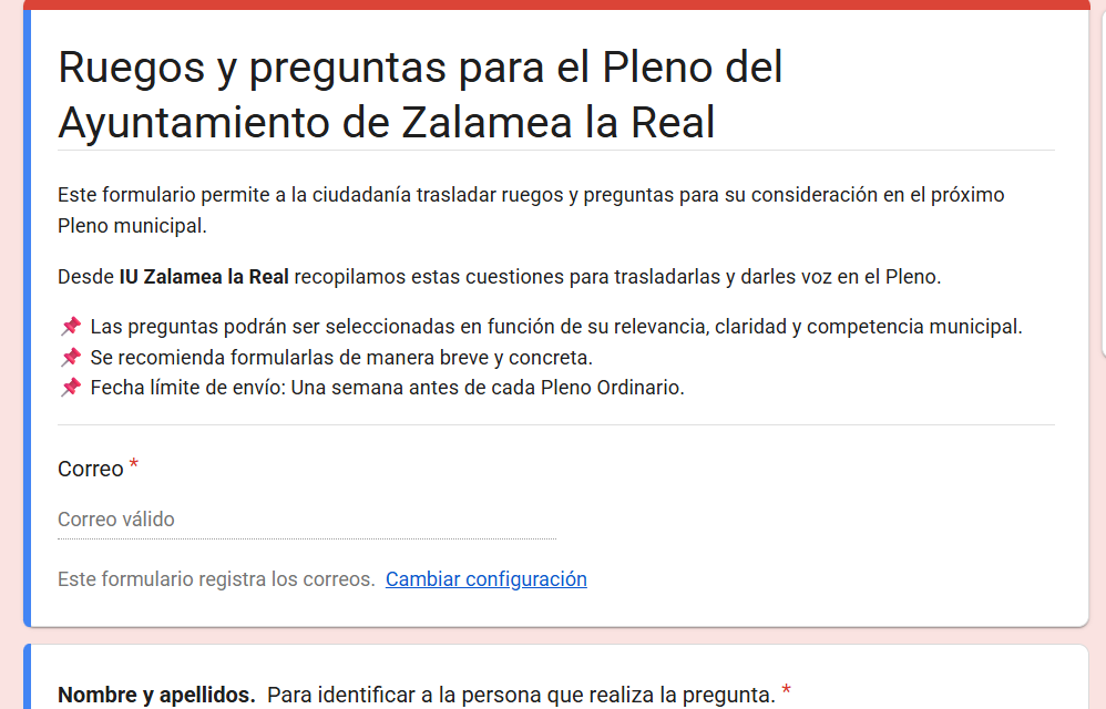 IU Zalamea llevará a Pleno las preguntas de la ciudadanía